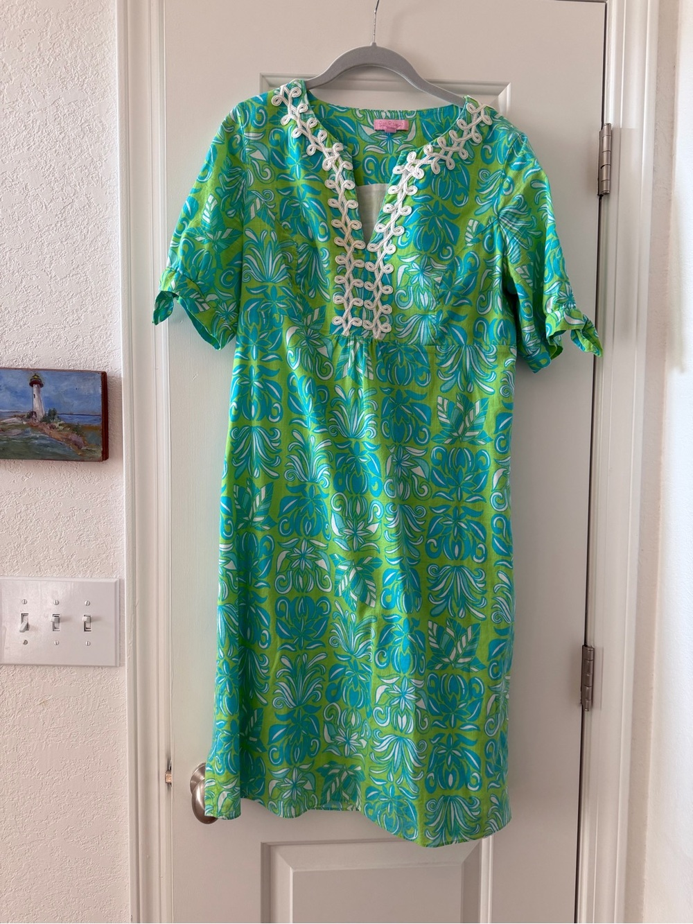 Lilly Pulitzer Green and Turquoise Printed Midi Dress with White Trim